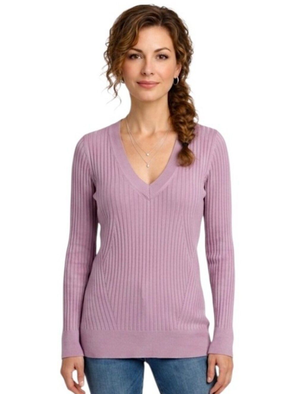 Metaphor Purple V-Neck Ribbed Tunic Sweater Size L